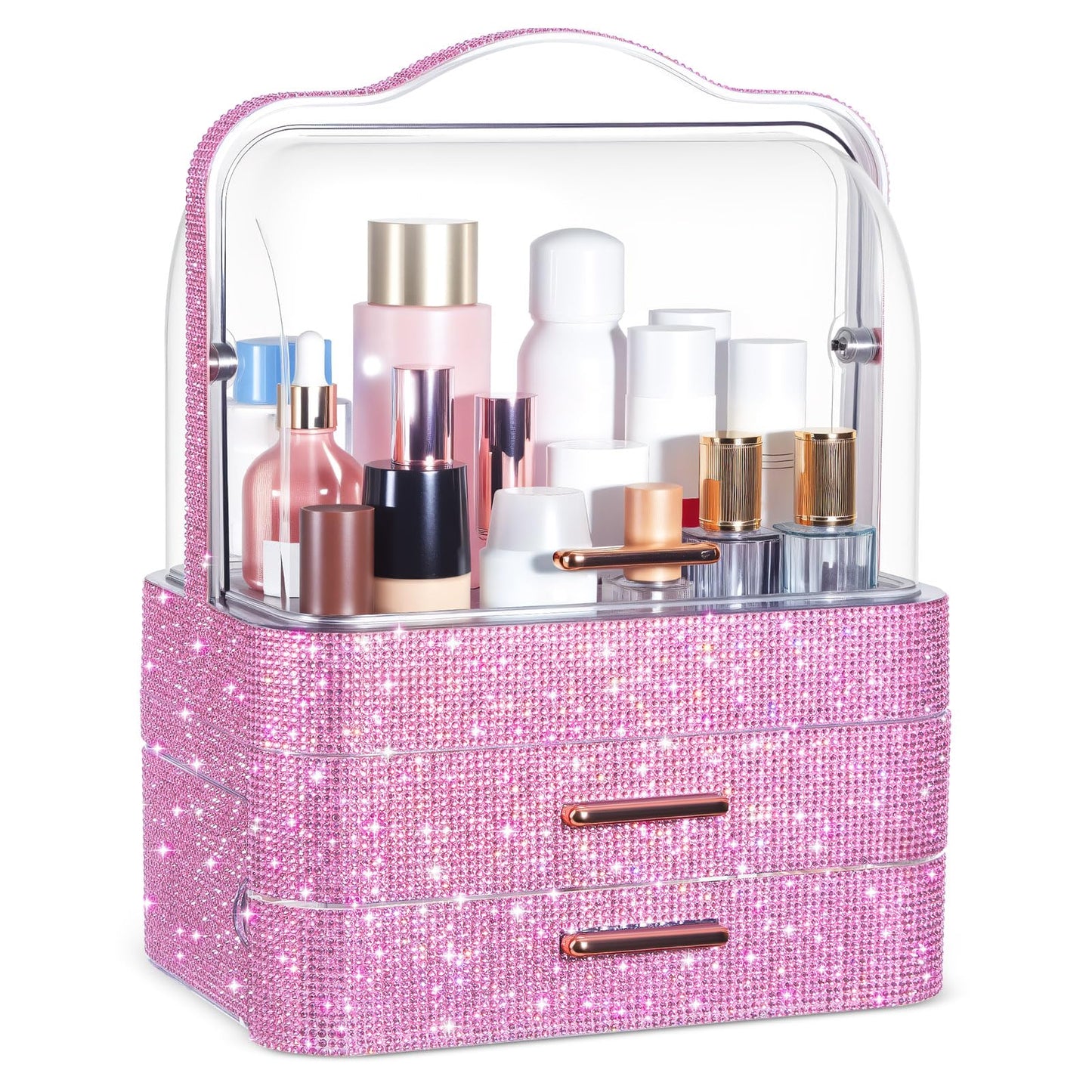 Honeydak Bling Makeup Organizer for Women Birthday Gifts Preppy Skincare Perfume Organizer Rhinestone Cosmetic Display Cases with Transparent Cover for Countertop, Desk(Pink,Rhinestone)