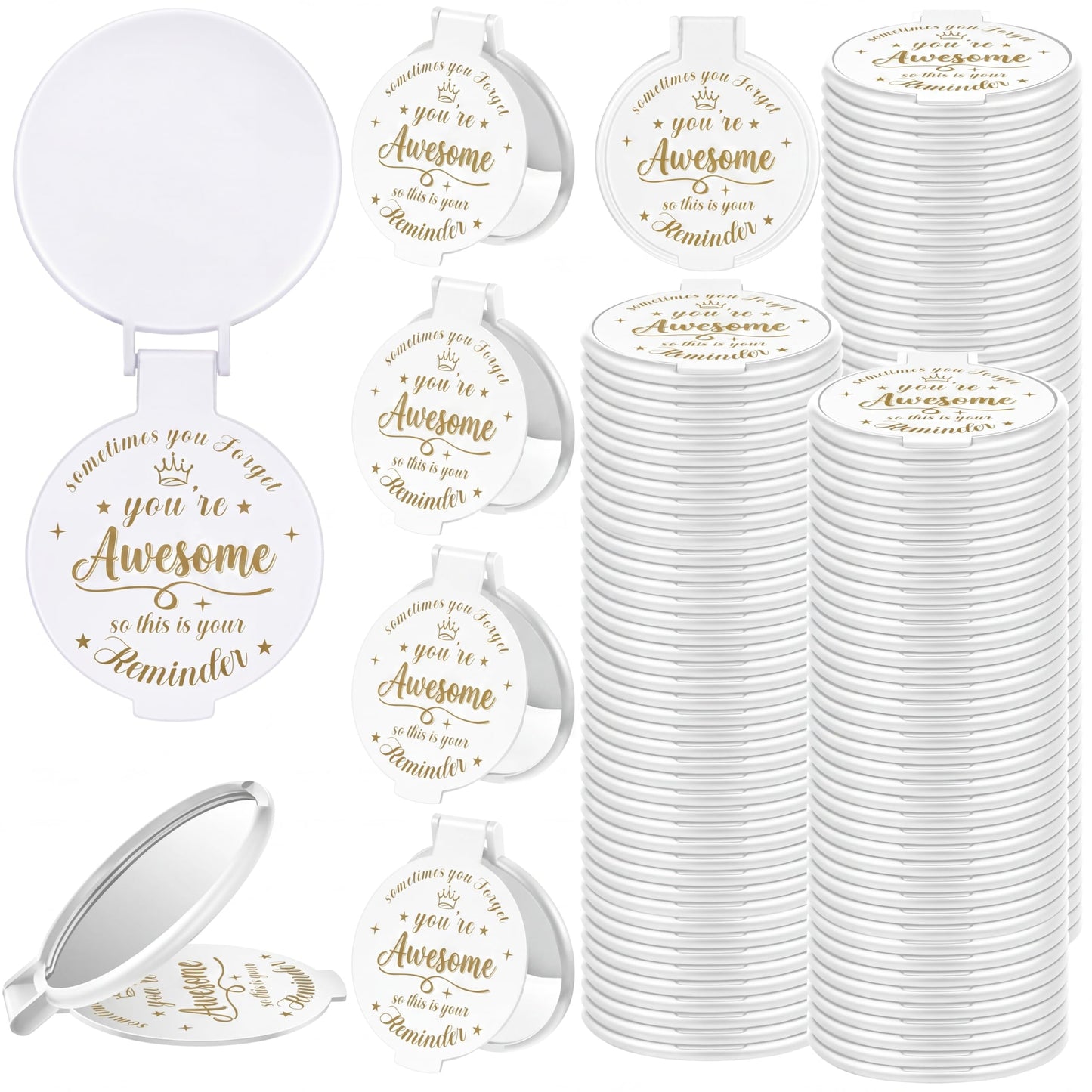 Gulfmew 100 Pcs 2.76 Inch Inspirational Compact Mirror Bulk Women Small Gifts Graduation Mothers Day Party Favors Purse Mirror Pocket Mini Items for Adult Coworker Cheerleader Swag Bag (White)