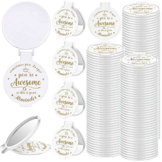 Gulfmew 100 Pcs 2.76 Inch Inspirational Compact Mirror Bulk Women Small Gifts Graduation Mothers Day Party Favors Purse Mirror Pocket Mini Items for Adult Coworker Cheerleader Swag Bag (White)