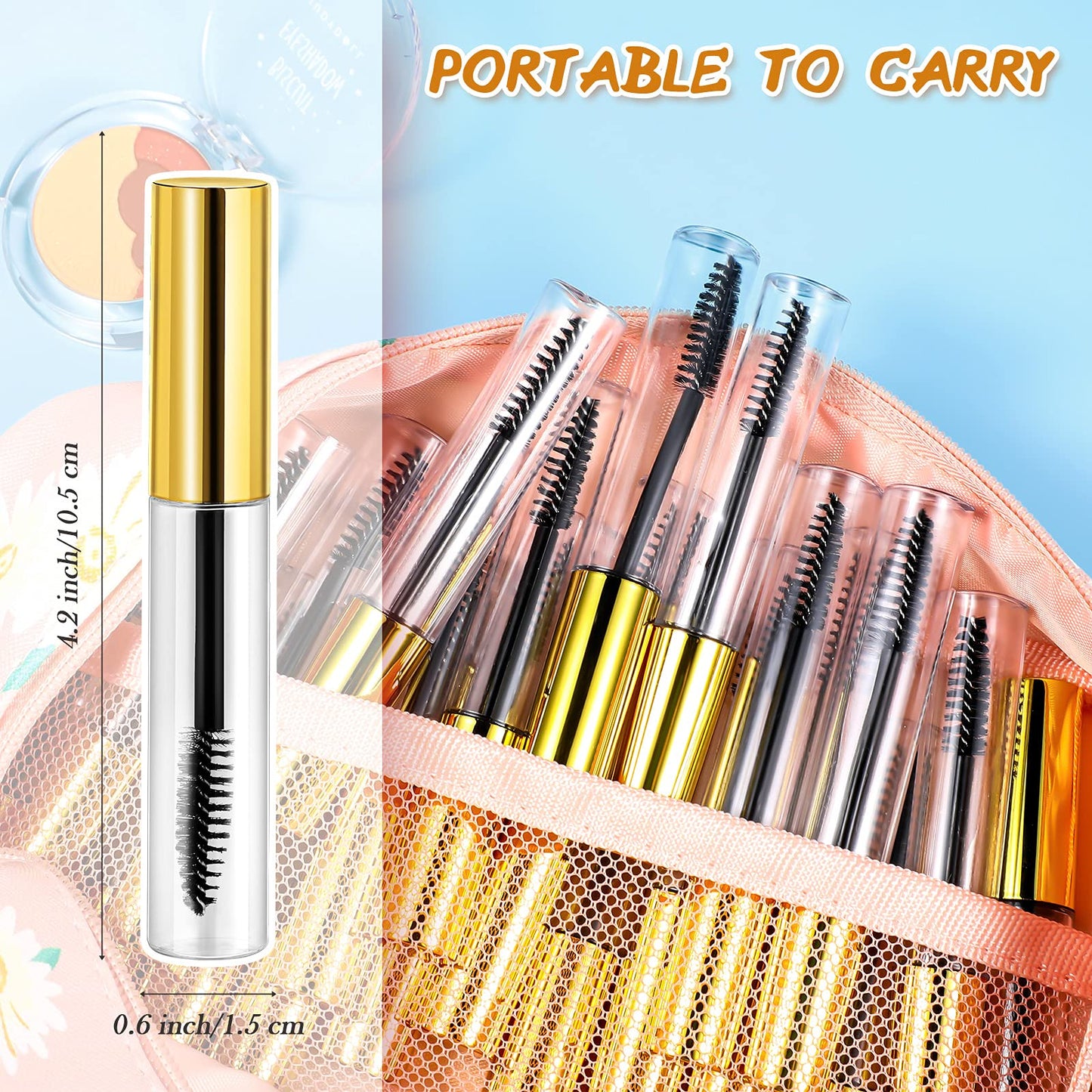 Maitys 40 Pieces 10 ml Empty Mascara Tubes Eyelash Wand Refillable Clear Bottles Eyelash Cream Container Bottle with 4 Pieces Transparent Funnels Transferring Castor Oil for DIY Cosmetics (Golden)