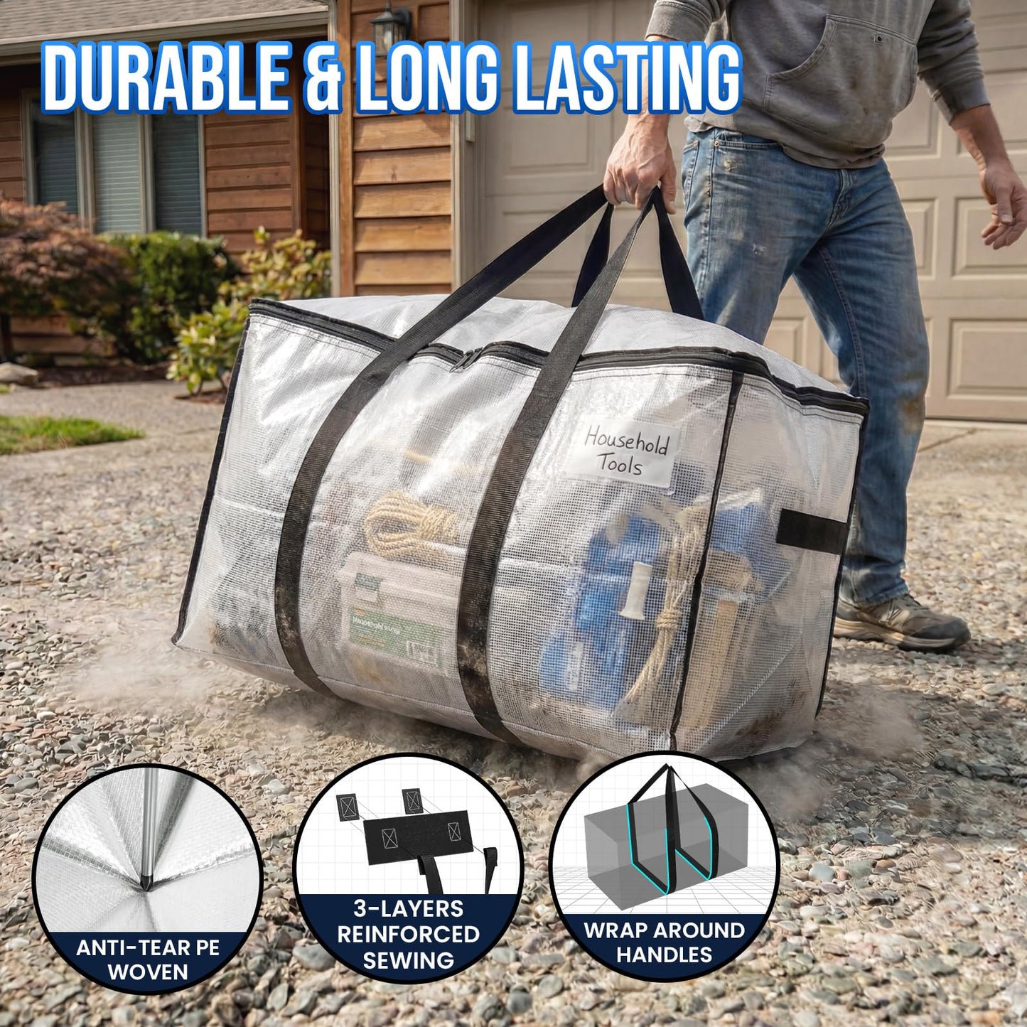 TAILI Extra Large Moving Bags, 4 Pack Clear Heavy Duty Totes For Storage with Visible Window, Wrap Around Handles, Storage Bags for Space Saving, Alternative to Moving Boxes