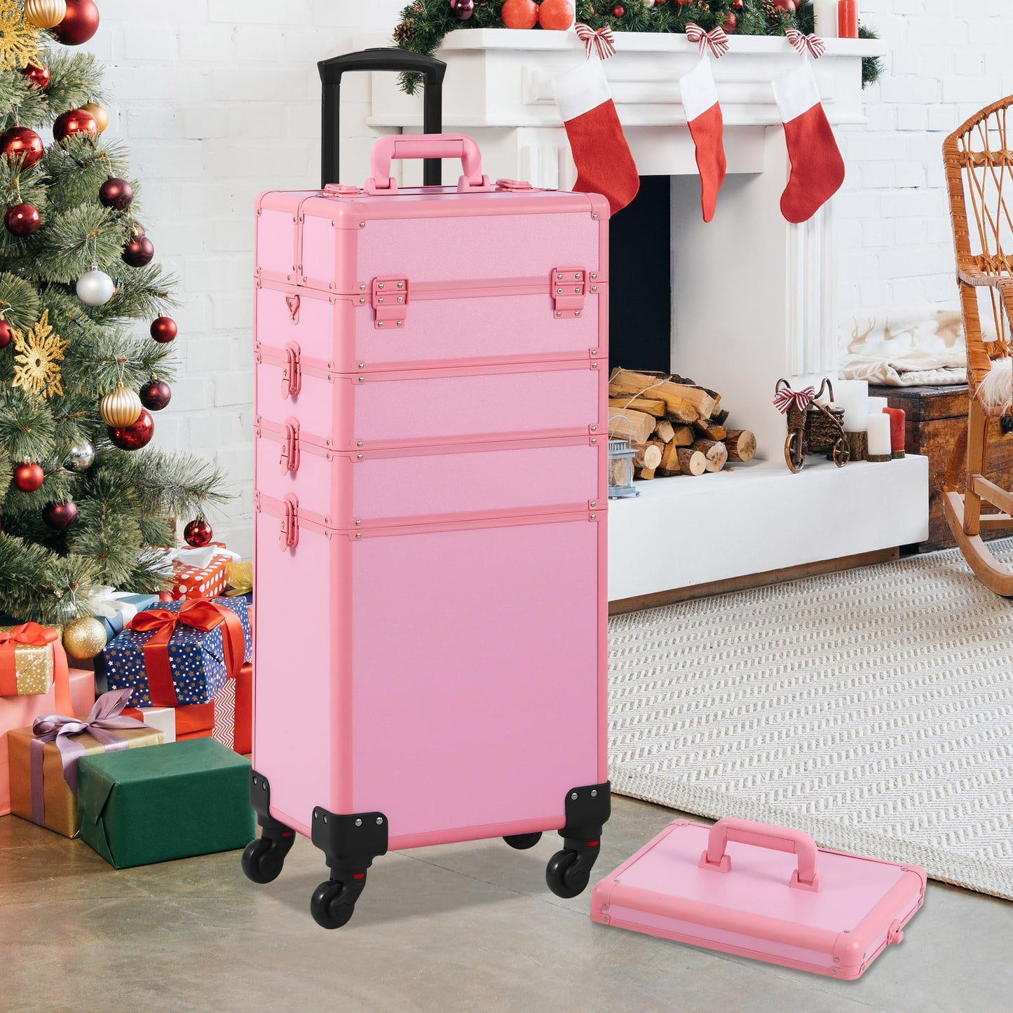 Somduy Makeup Train Case, Rolling Makeup Case with Lid, 5 in 1 Cosmetology Case on Wheels, Christmas Gift, Large Makeup Case Organizers, Profesional Cosmetic Case for Salon Barber, Pink