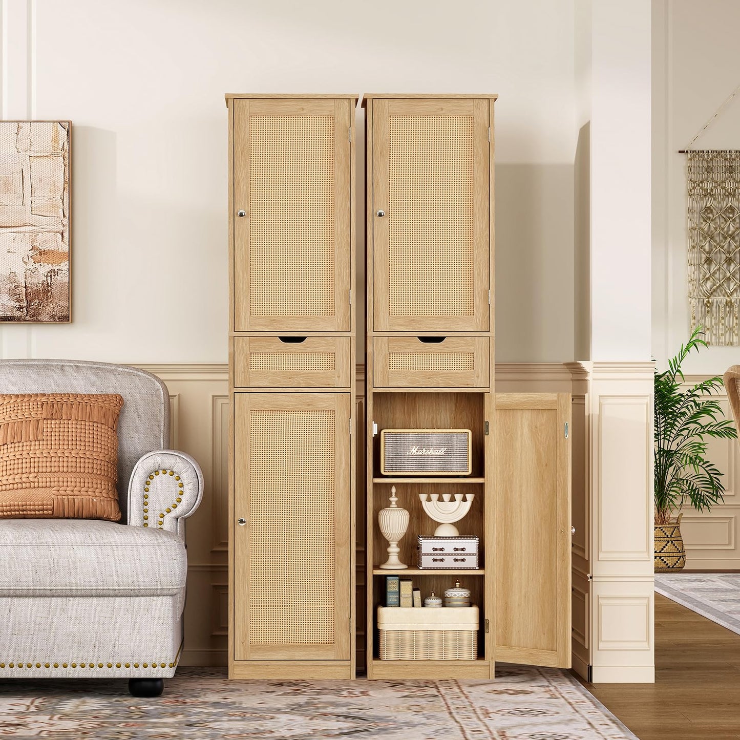 TEENFON 67" H Tall Storage Cabinet with 2 Rattan Doors and 1 Drawer, Narrow Rattan Cabinet with Adjustable Shelves, for Living Room, Entryway, Kitchen, Natural