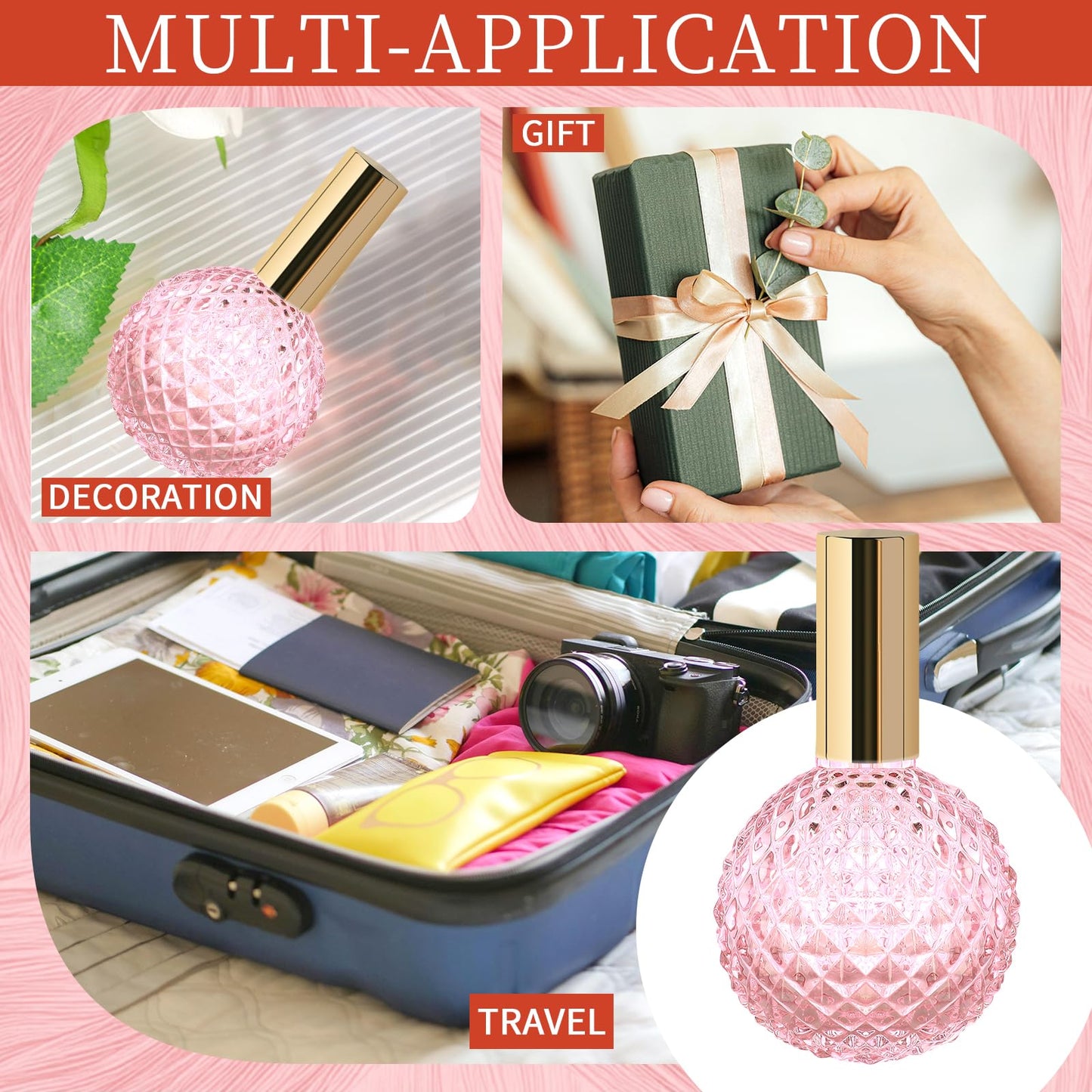 Pink Vintage Perfume Bottle - Refillable Glass Perfume Atomizer, Fine Mist Spray Bottle for Travel, Home, Bathroom, Leak-Proof Elegant Portable Perfume Bottle