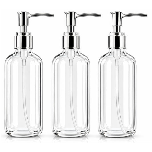 Refillable Clear Soap Dispenser Bottles with Pump, 16 oz (3 Pack) | BPA-Free Plastic Boston Round Containers for Hand Soap, Lotion, Shampoo, Kitchen & Bath