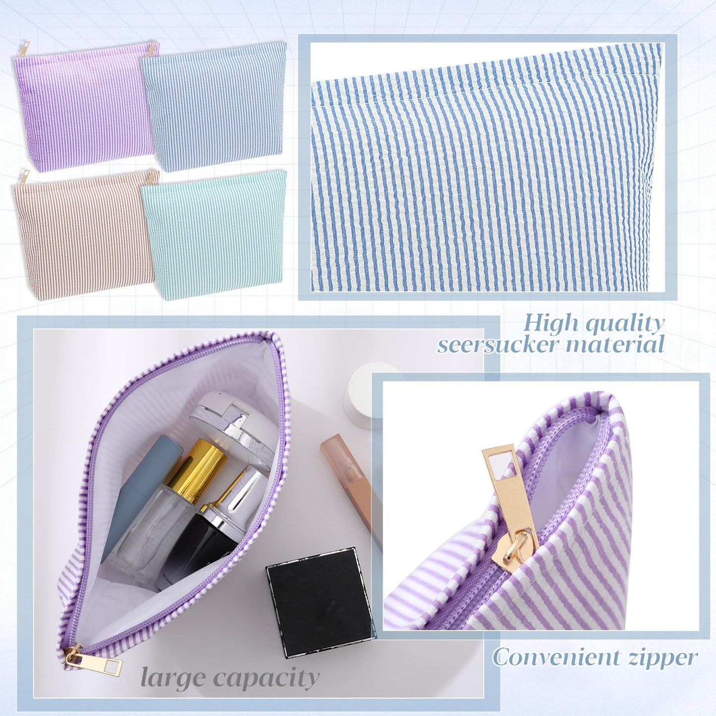 Sanwuta 4 Pcs Seersucker Makeup Bag for Women Stripe Cosmetic Bag Travel Toiletry Organizer Preppy Storage Pouch Valentines Galentines Gifts for Wedding Bridesmaid Mom(Blue, Khaki, Purple, Lake Blue)