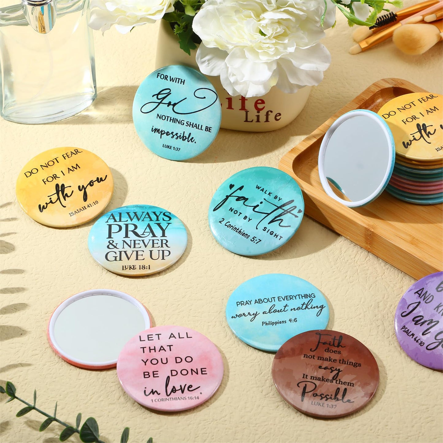 GlikCeil 36 Pcs Christian Compact Mirror Bulk for Women Inspirational Bible Verse Pocket Mirrors Mini Purse Makeup Mirror Christian Church Gift for Women VBS Church Party Favors