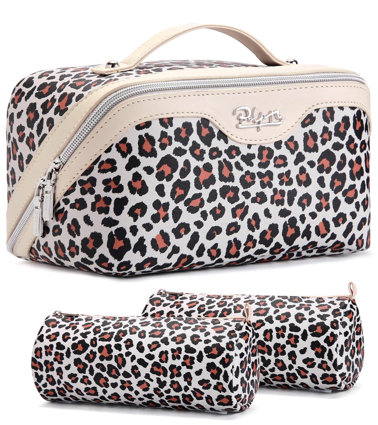 BOYATU Travel Makeup Bags Cosmetic Organizer Bag: 3 Pcs Set Large Capacity Make up Bag with Compartments - Waterproof Leather Toiletry Bags with Handle for Women (B-White)