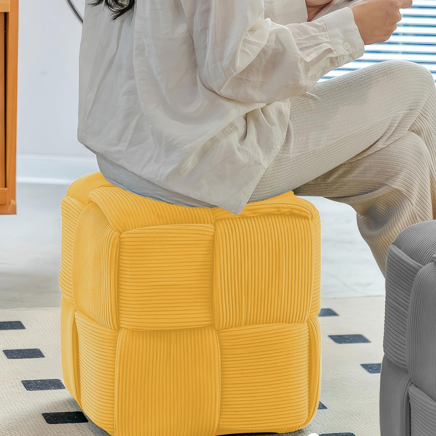 Cmishe 15" Square Woven Corduroy Ottoman Footrest - Modern Vanity Stool for Living Room & Entryway, Eco-Friendly Wood Frame, No Assembly (Yellow)