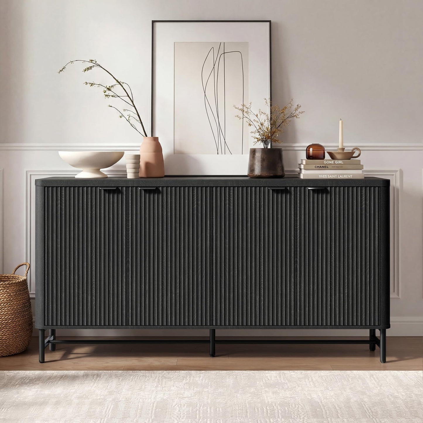 Fatmok 65" Fluted Buffet Cabinet with Adjustable Shelves – Large Sideboard Storage Console, Coffee Bar & Dining Room Organizer, White Fluted Credenza for Living Room, Entryway, Kitchen, Black Grey