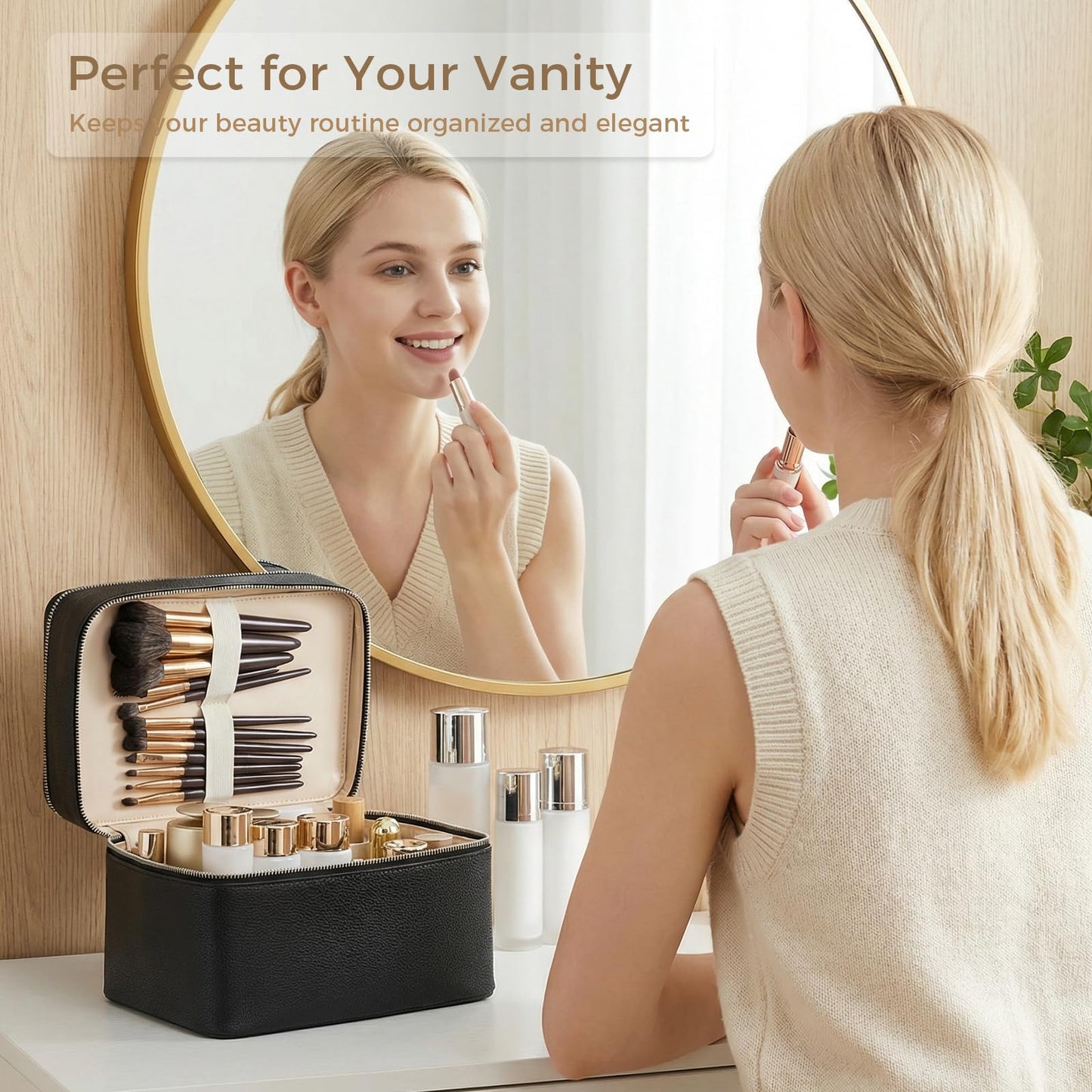 BAGOK Double Layer Makeup Vanity Case, Large Capacity Cosmetic Bag with Removable Divider & Brush Organizer, Travel Toiletry Bag for Women, Portable PU Leather Organizer with Handle