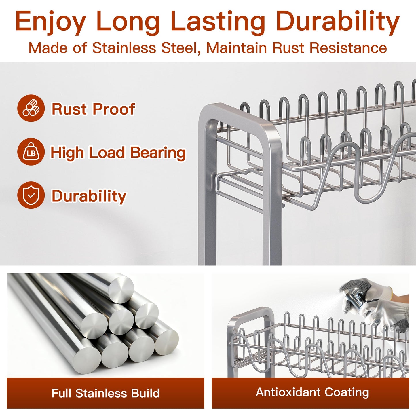 BOOSINY 2 Tier Dish Drainer Drying Rack for Kitchen Counter, Large Stainless Steel Dish Dryer with Drainboard, Big Rustproof Metal Space Saving Countertop Plate Strainer with Utensil Holder, Sliver