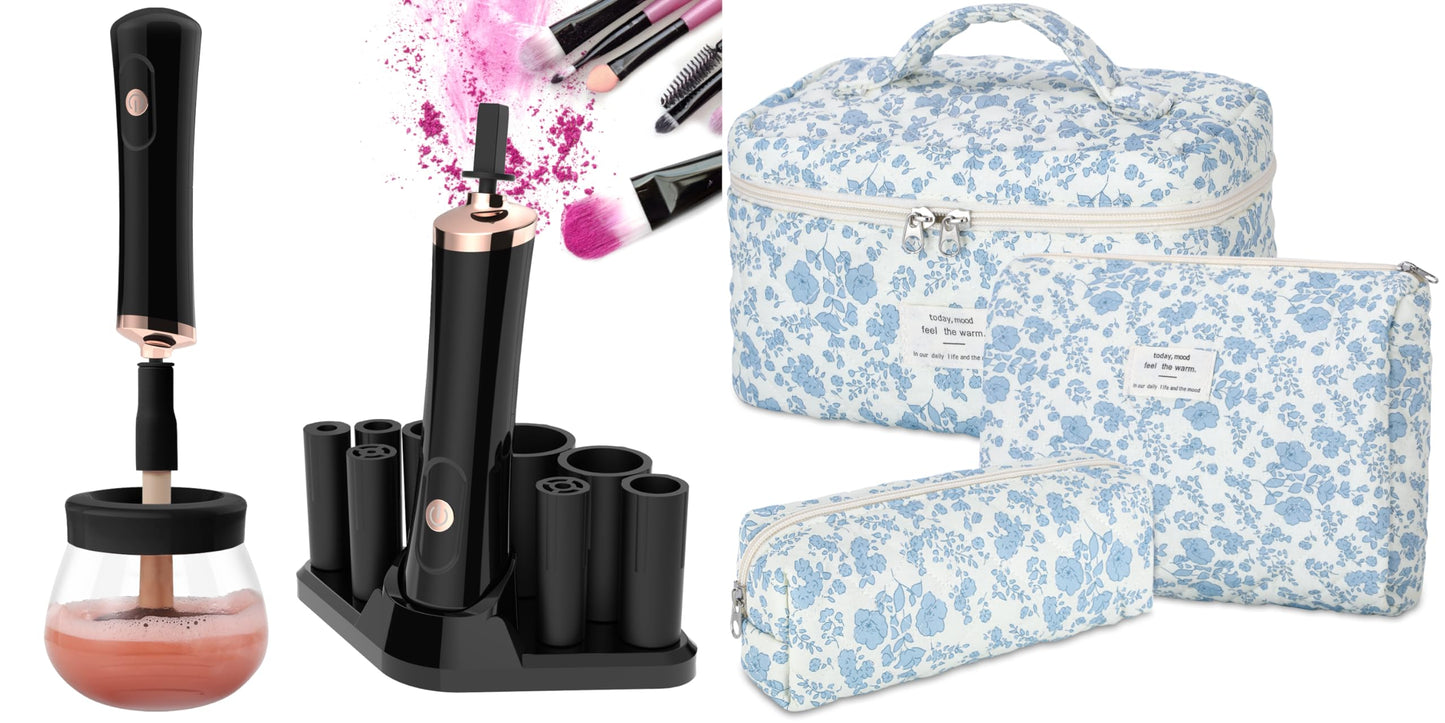 Senbowe Makeup Brush Cleaner and Large Cotton Floral Makeup Bag