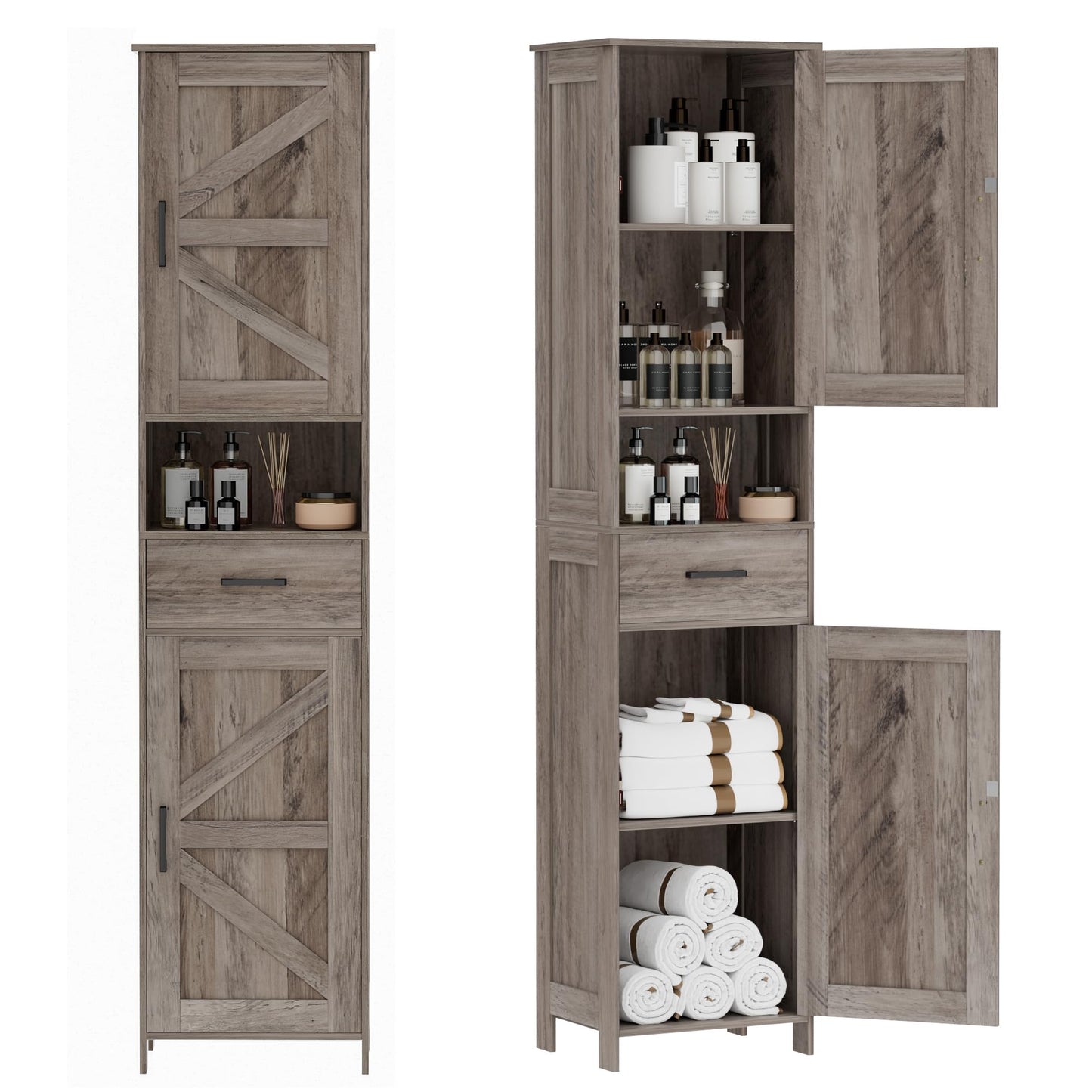 Homhedy 67" H Tall Bathroom Storage Cabinet with 2 Barn Doors and 1 Drawer, Narrow Storage Unit, Adjustable Shelves, Floor Cabinet for Bathroom, Living Room, Entryway, Kitchen, Greige, (15.7" W)