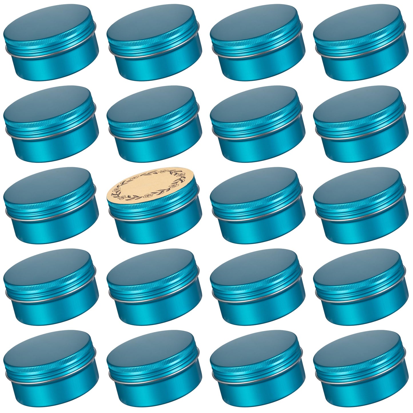 3 oz (90ml) Aqua Blue Screw Top Aluminum Tins with Labels, 24 Pack