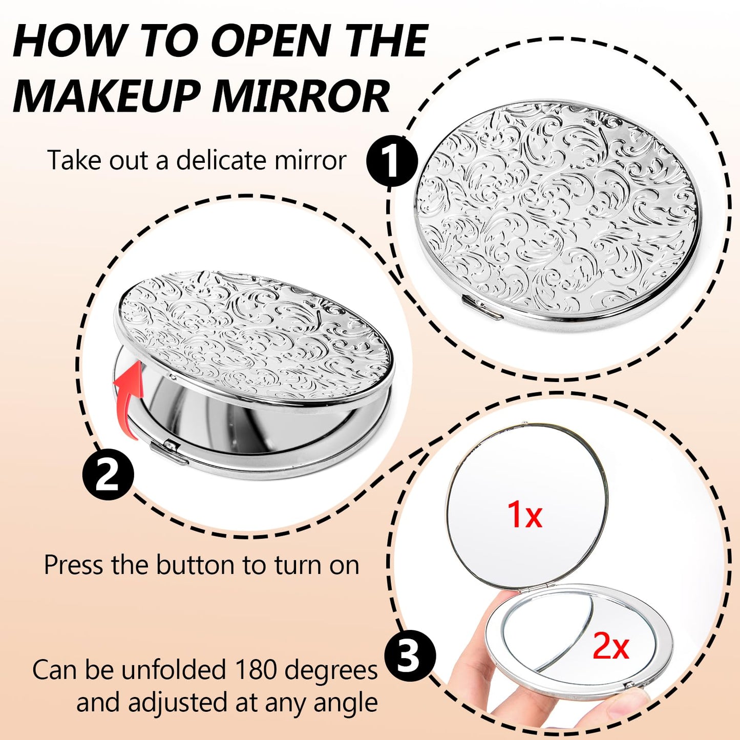 EYIWEITING Oval Mini Portable Metal Folding Mirror, Beautiful and Elegant, Sturdy and Durable, 1X/2X Magnifier. (Oval Pattern Silver)