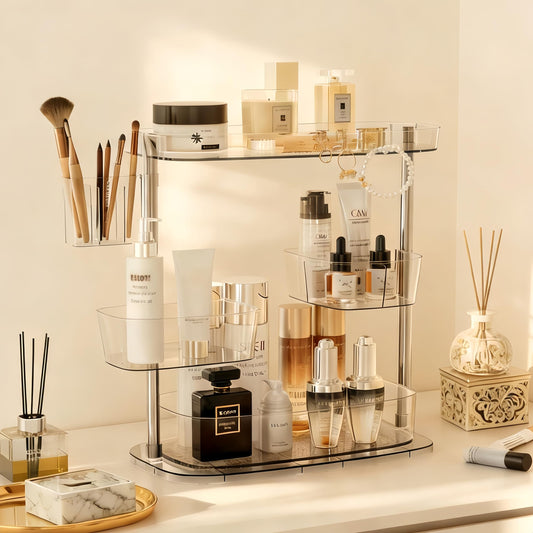 YOSHIONAL 360°Rotating Makeup Organizer,Makeup Organizer Countertop with Brush Holder and Perfume Stand,Bathroom Counter Organizer,Skincare Holder Stand for Vanity,Detachable Hanging Hooks