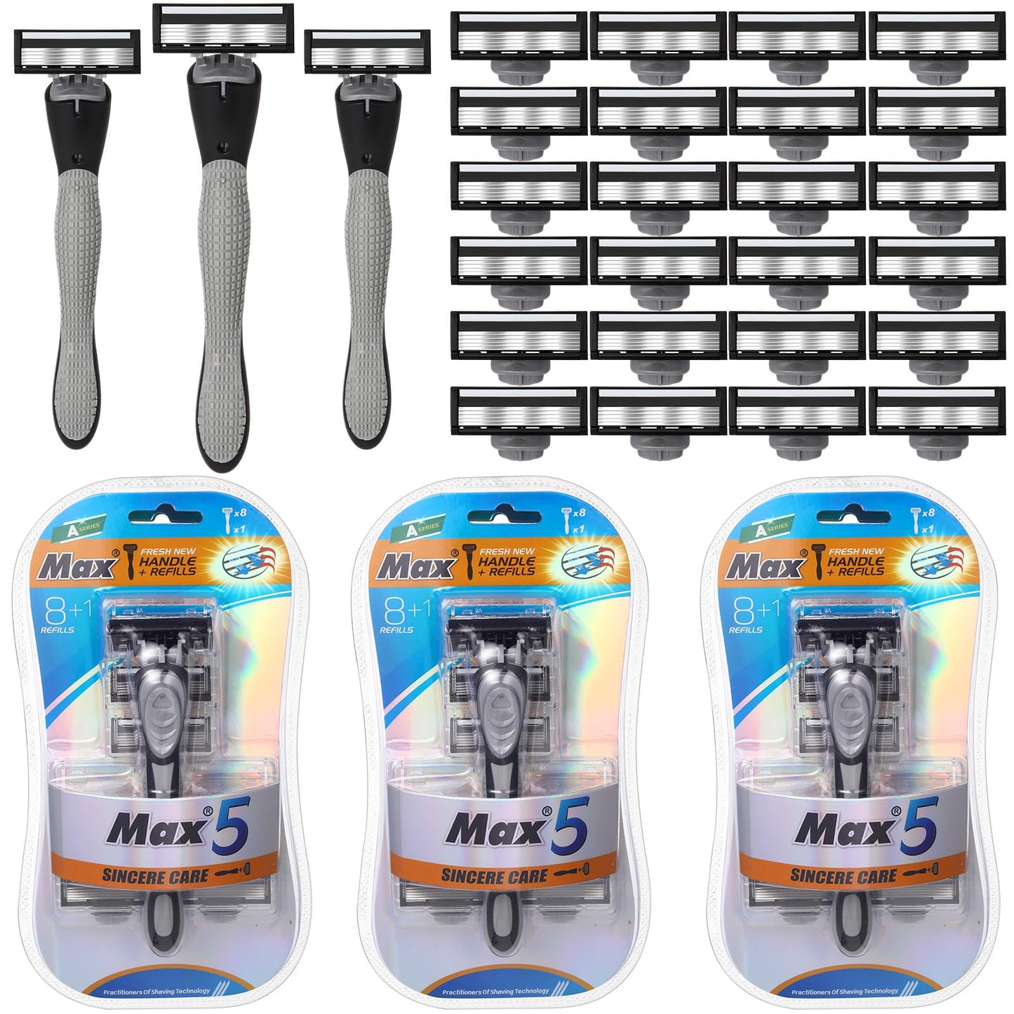 Wovnet 27 Pcs Refillable Men's Razors Kit Holiday Shaving Kit 5 Blade Disposable Sensitive Skin Razor refills for a Comfortable Shave, 3 Handles and 24 Cartridges
