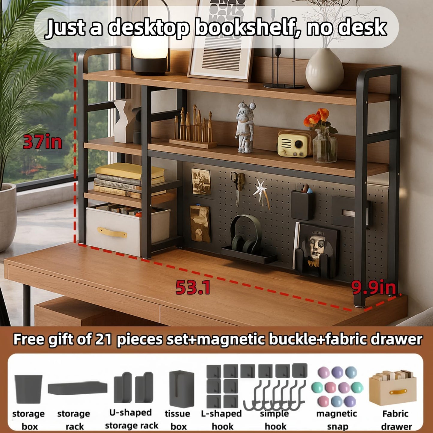 Desktop Bookshelf, pegboard Storage and Organization Rack, Dorm Desk Shelf, Desk Hutch, Desktop Storage for Office, Study, Student Display Rack,Desktop Shelves (Black+Walnut 53.1" Lx9.9 Wx37 H)