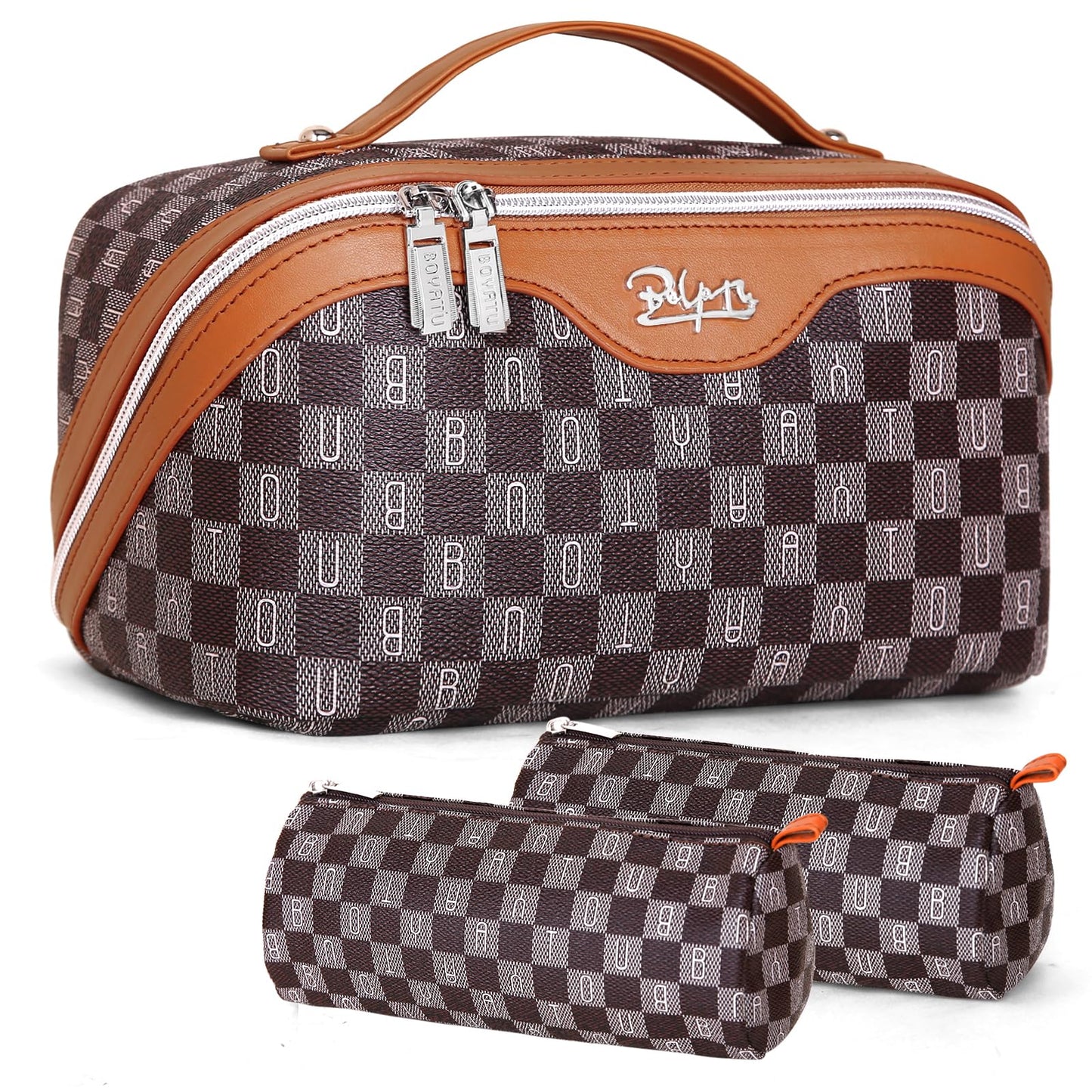 BOYATU Travel Makeup Bag Organizer Cosmetic Bag: 3 Pcs Set Make up Bags for Women with Handle - Waterproof Vegan Leather Toiletry Bags Travel Essentials Pouch with Compartments (H-01-Brown)