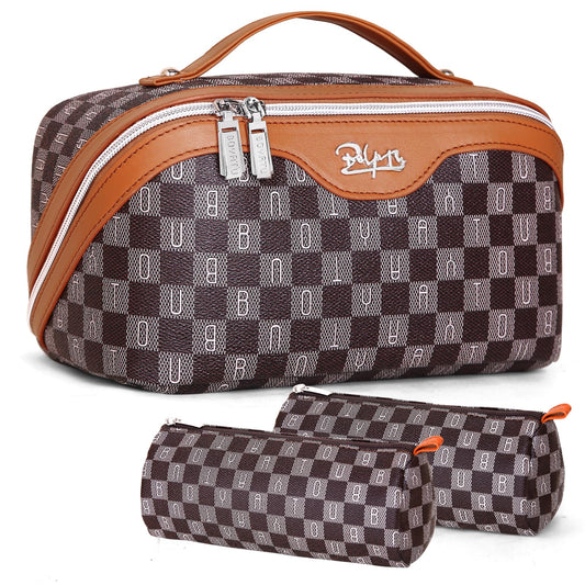 BOYATU Travel Makeup Bag Organizer Cosmetic Bag: 3 Pcs Set Make up Bags for Women with Handle - Waterproof Vegan Leather Toiletry Bags Travel Essentials Pouch with Compartments (H-01-Brown)