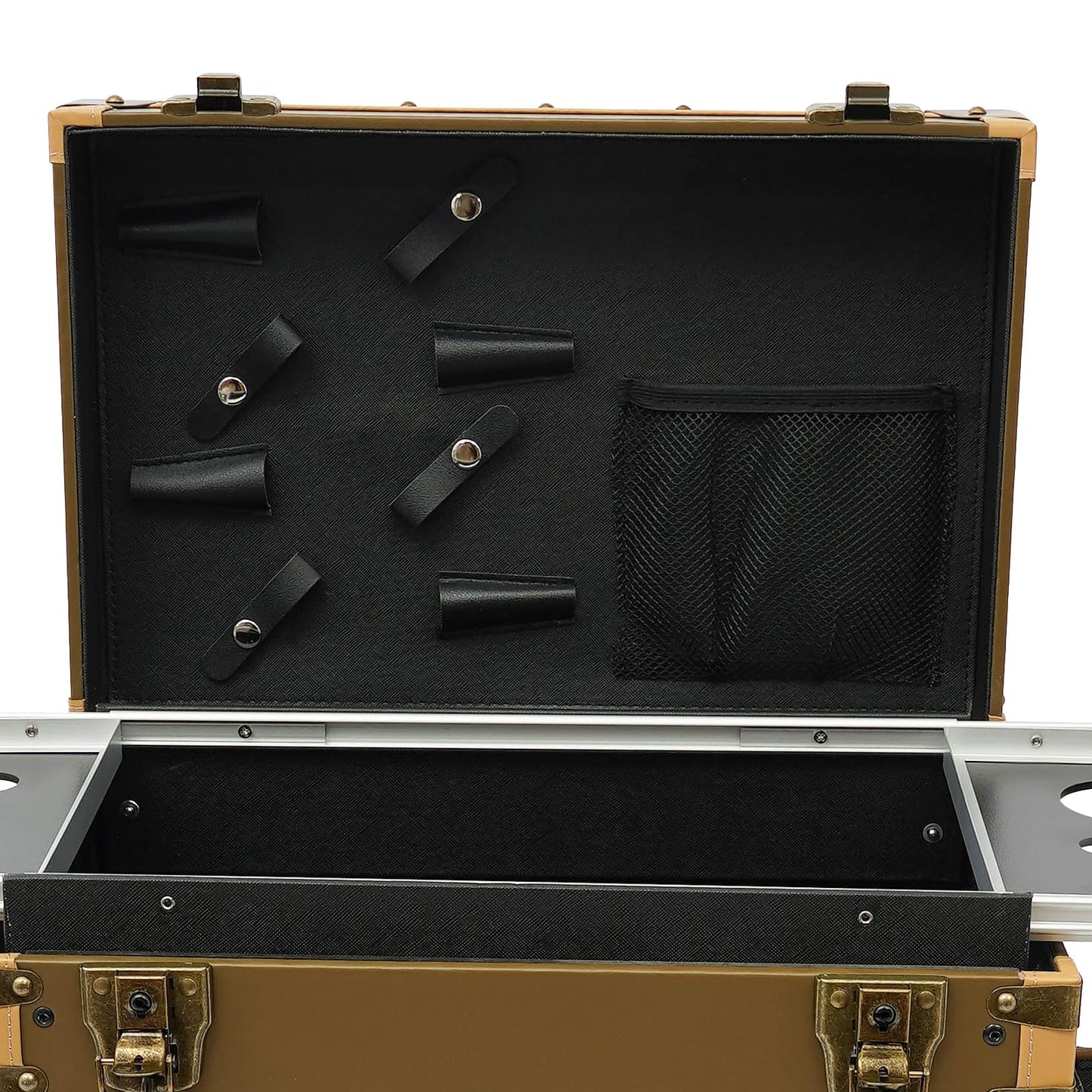 Rolling Makeup Train Case, 15" x 10" x 32" Lockable Hairdressing Trolley Makeup Case Organizer Professional Cosmetic Travel Case with Wheels, for Hairstylist Artist Salon (Gold, with 2 Lock)