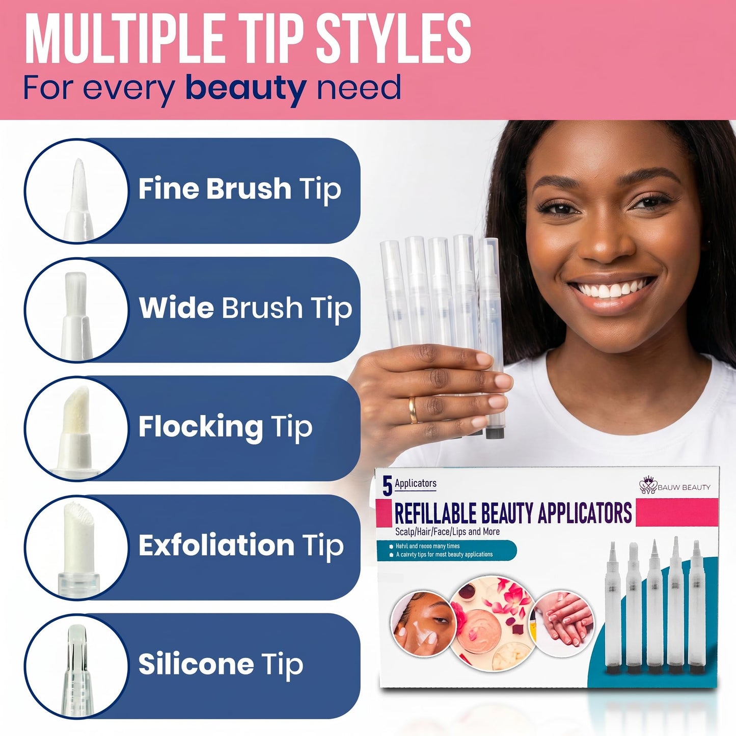 Refillable Beauty Applicator Pens (5 Pack) — BAUW Beauty DIY Precision Kit with 5 Different Tips (Fine Brush, Wide Brush, Flocking, Exfoliation, Silicone) for Hair, Scalp, Face, Lips & Cuticles