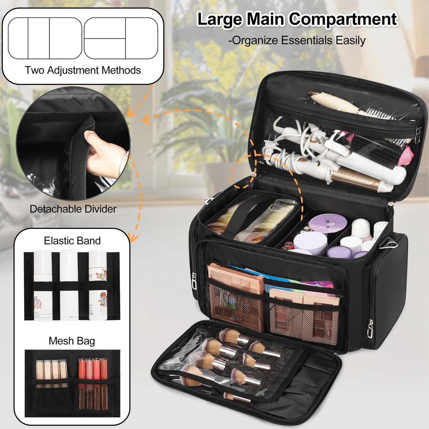 TANTO Large Makeup Organizer Bag, Professional Makeup Artist Bag Portable Travel Makeup Organizer with Detachable Dividers, 2 Pouches & Shoulder Strap, Cosmetic Storage for Beauty Enthusiasts