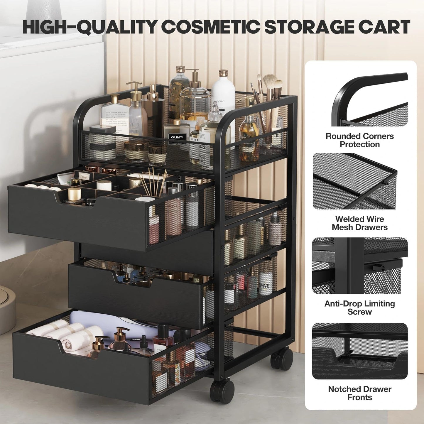SEFILENCE Makeup Organizer Cart with 4 Drawers, Vanity Storage Drawer Carts with Dividers, Nail Cart Organizer Cosmetic Display Cases Cabinet for Skin Care, Nail Polish, Perfume, Black