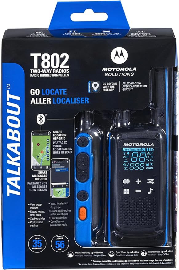 Motorola Solutions Talkabout Portable FRS T802 Two Way Radio 4 Pack Walkie Talkies Blue/Black 22 Channels 2 Dual Charger Docks 4 PTT Earpieces