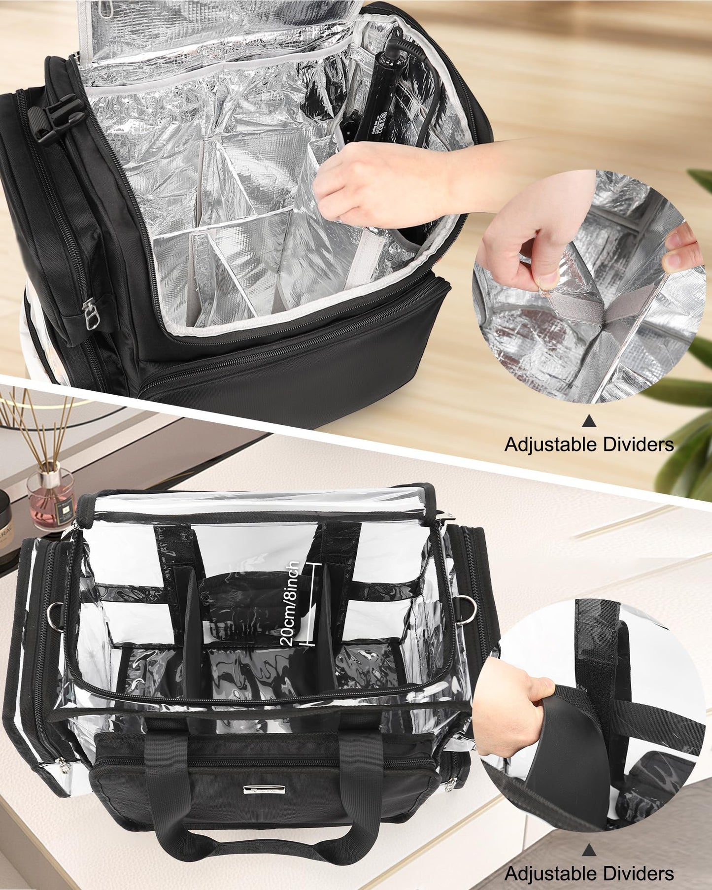 Relavel Hair Tools Travel Bag with Clear Makeup Bag, Hair Stylist BarberBag on Wheels Hairdresser Cosmetology Bag Case with Four 360 Degree Spinner Wheels, Heat Insulation Full Layer for Curling Iron