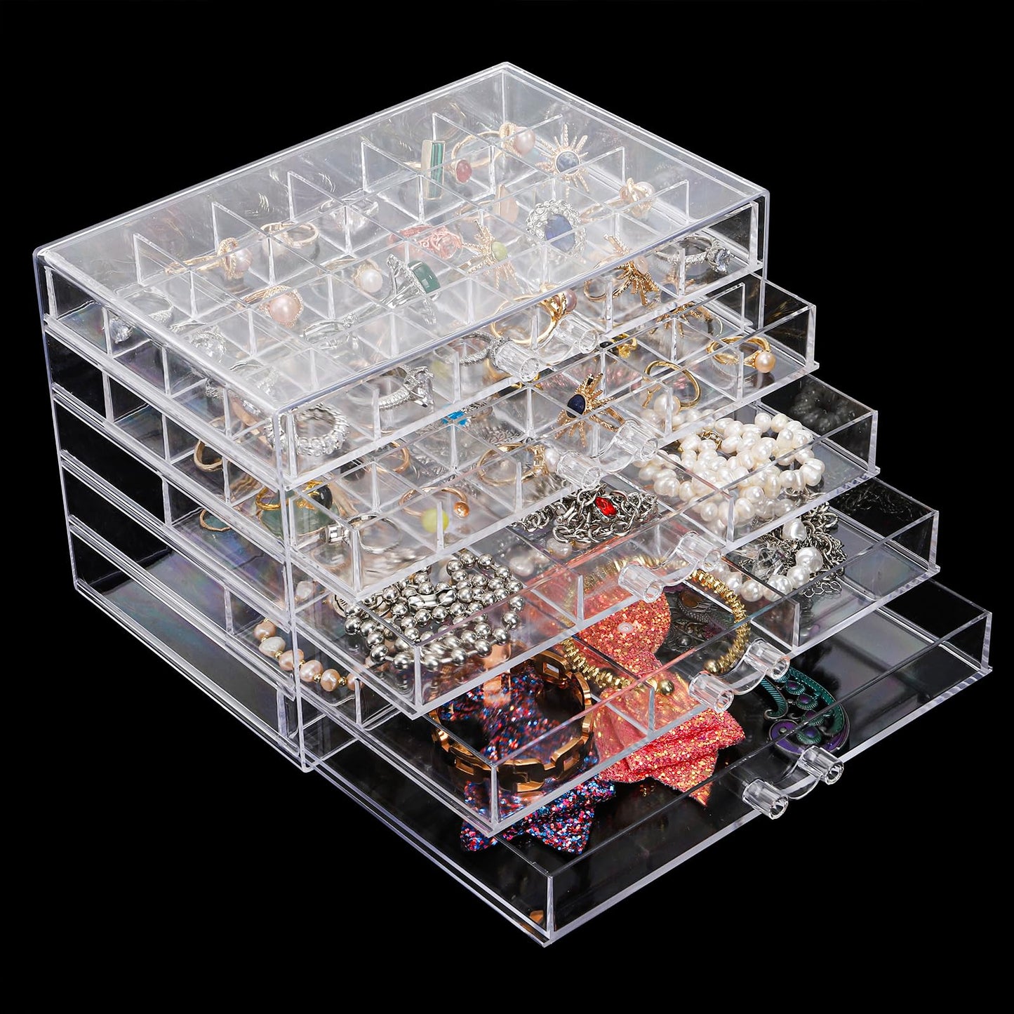 yarlung Acrylic Jewelry Storage Box Earring Holder with 5 Drawers, 61 Grids Jewelry Organizer Tray Clear Ring Display Case for Beads, Nail Tips, Women Girls Gift