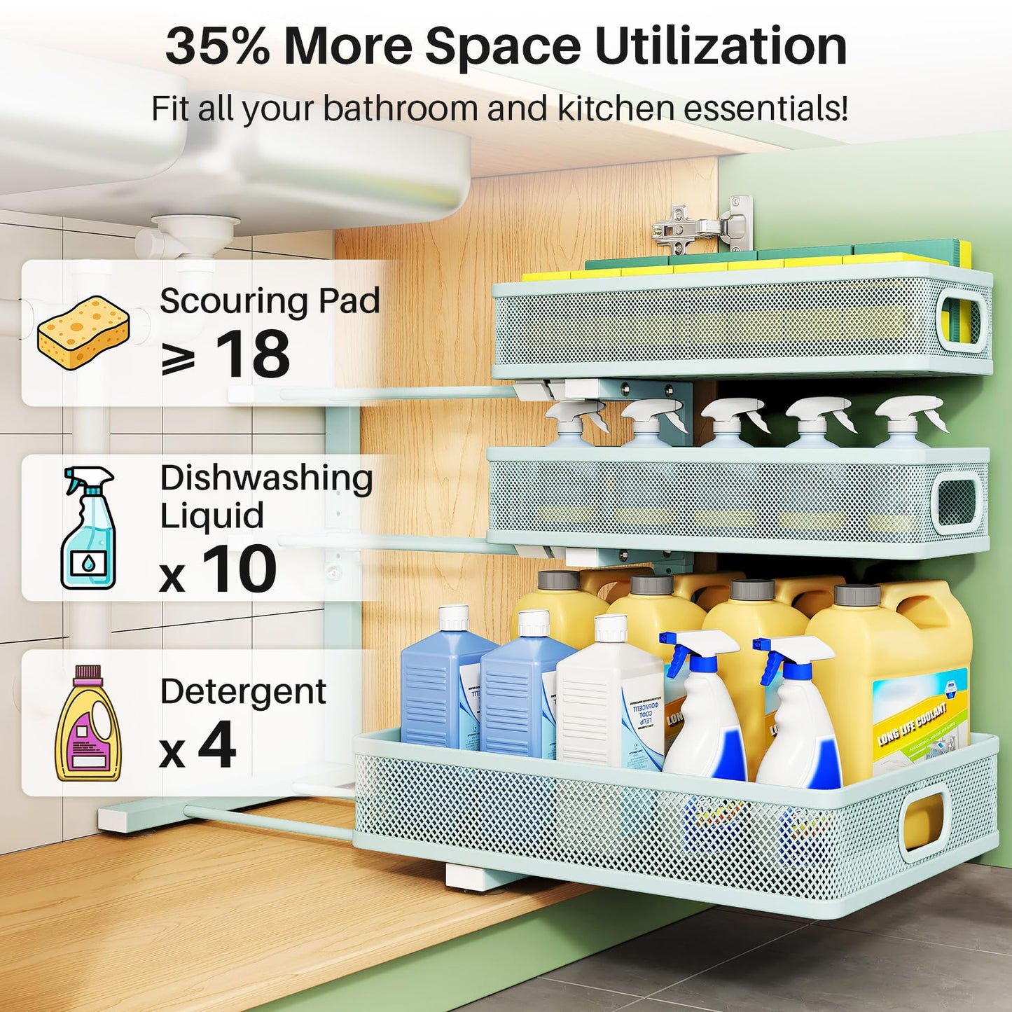 Under Sink Organizer, 2-Pack 3-Tier Height Adjustable Thickened Metal Pull out Cabinet Organizer Shelf, Slide out Storage Drawer Rack for Bathroom Kitchen Pantry Home Organization, LightBlue