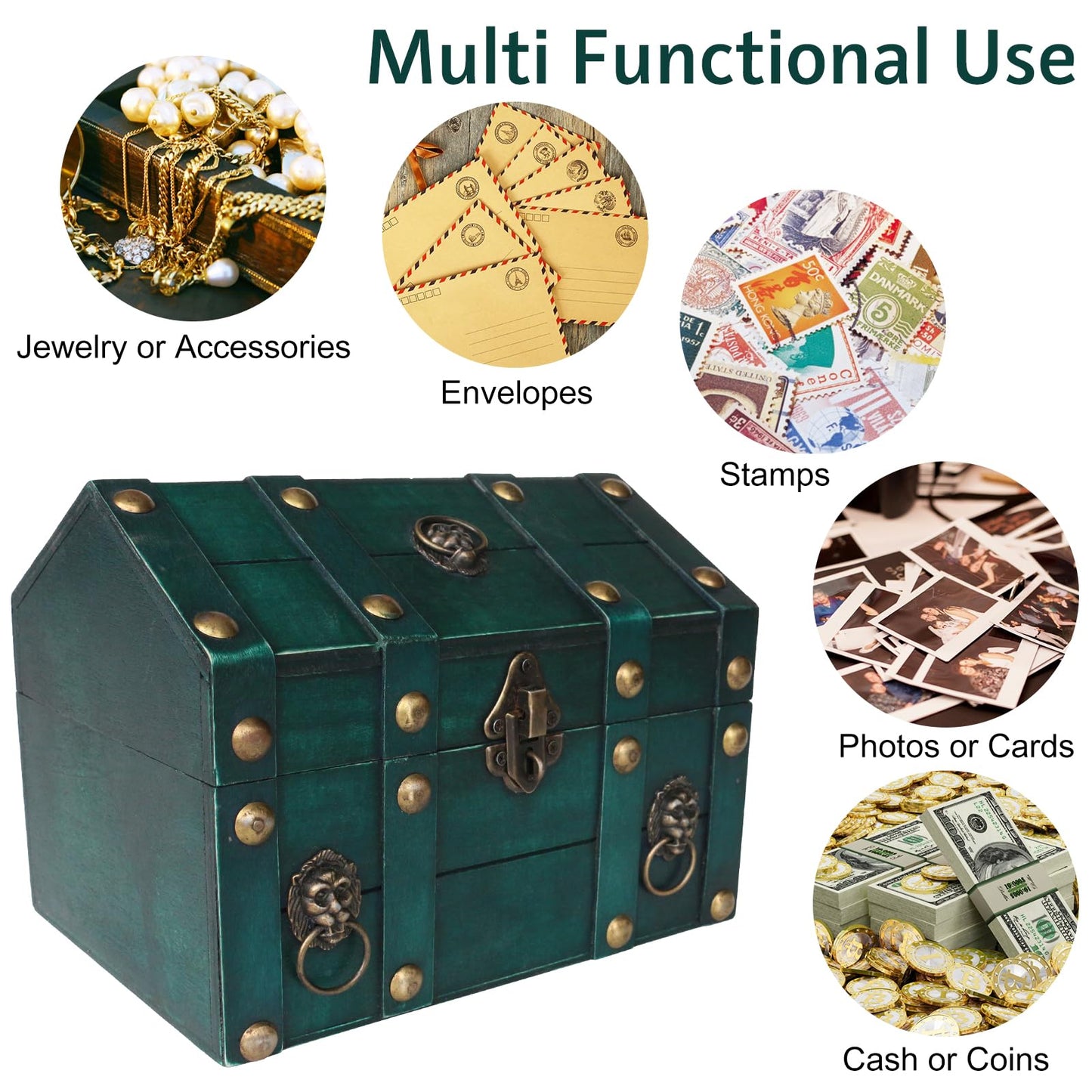 HonyQiShuo Decorative Wood Treasure Chest Box with Small Metal Lock