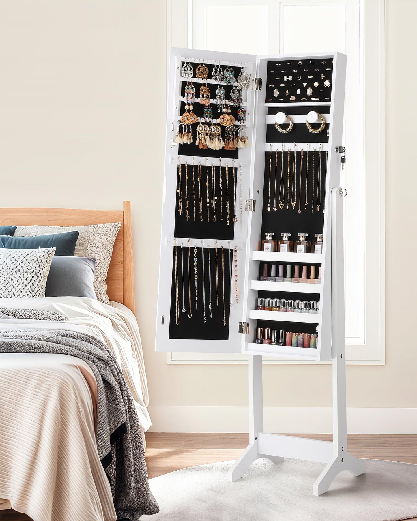 Nicetree Jewelry Cabinet Armoire, Freestanding Jewelry Armoire Organizer with Full-Length Mirror, Lockable Jewelry Storage Cabinet, Frameless Mirror, 3 Adjustable Angles, Moon White