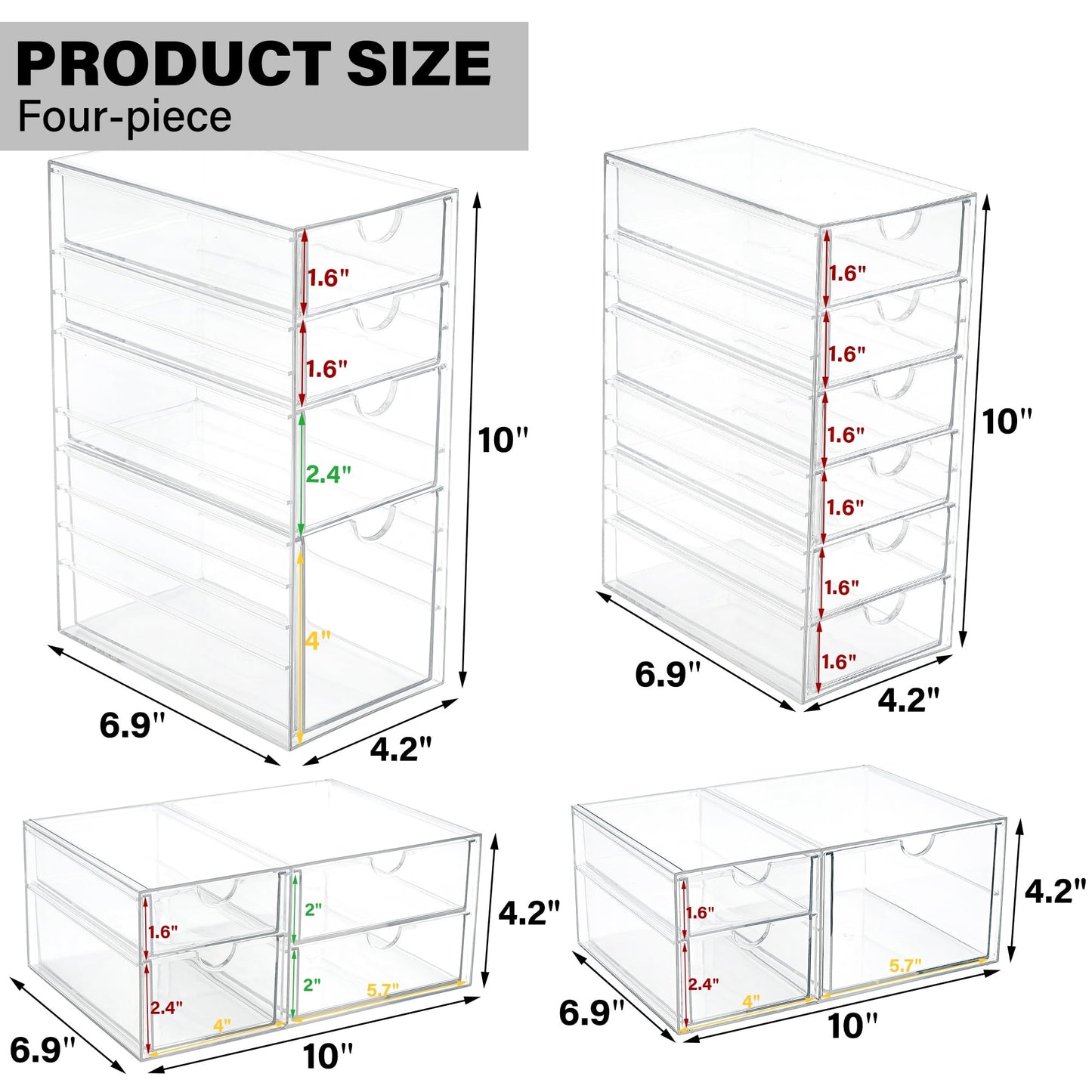 Prsildan Acrylic Drawer Organizer with 17 Drawers, Craft Office Desk Makeup Organizers Accessories, Set of 4 Clear Stackable Storage Drawers for Vanity, Countertop, Jewelry, Art Supply Organization