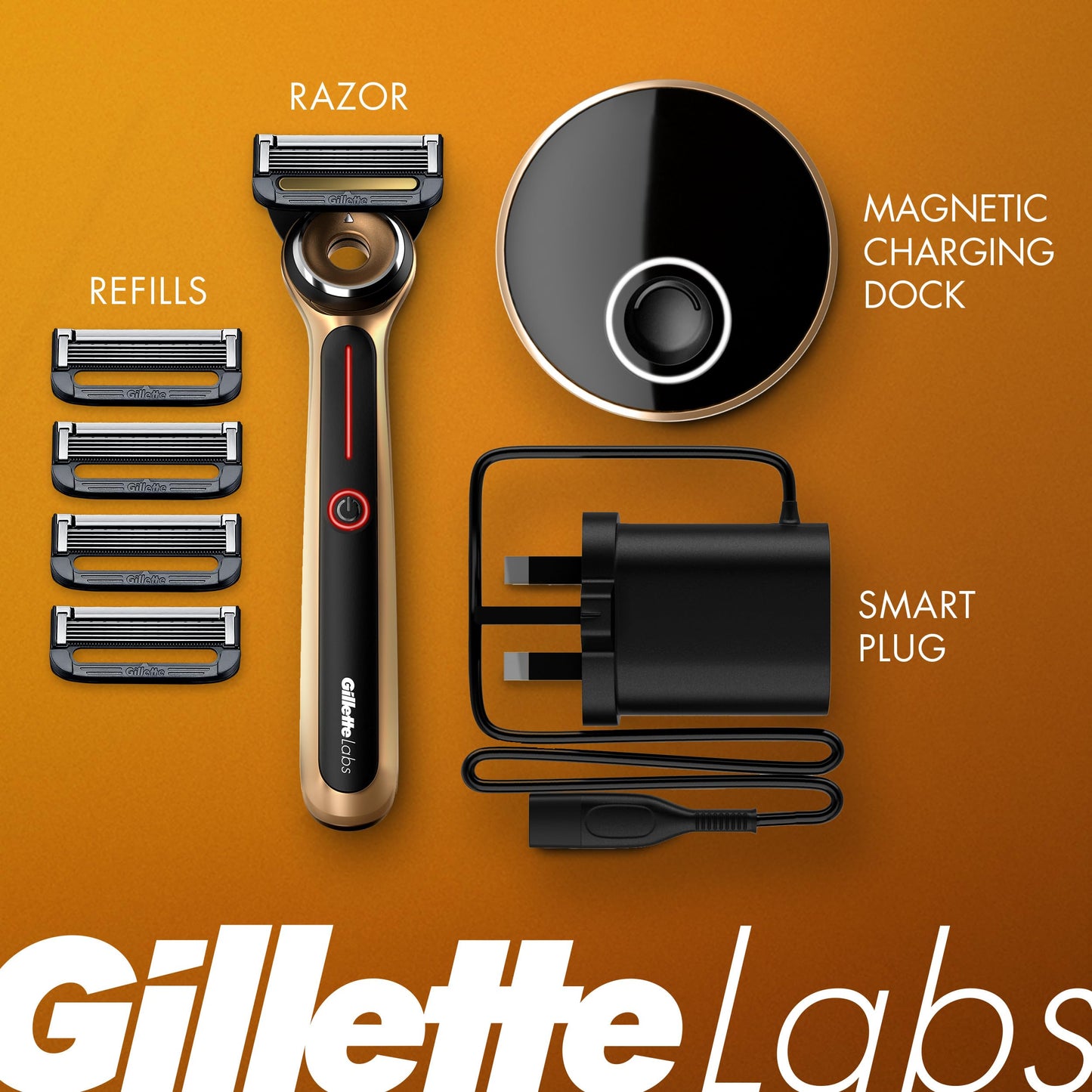 Gillette Labs Heated Razor Gold Edition - 1 Handle, 5 Blade Refills, 1 Charging Dock