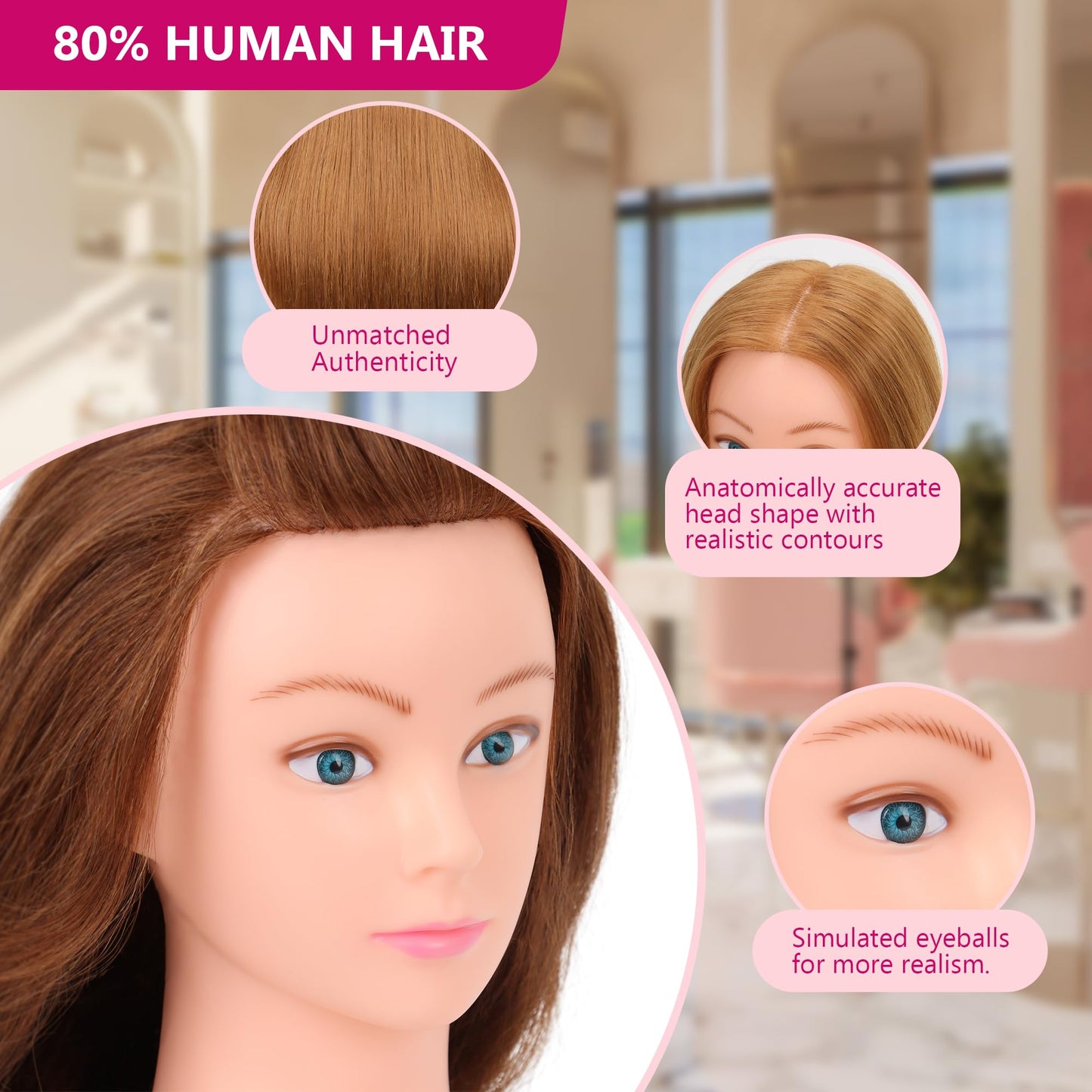 Mannequin Head Human Hair for Cosmetology - Manikin Head With 80% Human Hair for Styling Practice, Manikin Practice Head Hairdresser With Free Clamp Holder (#613-UB)