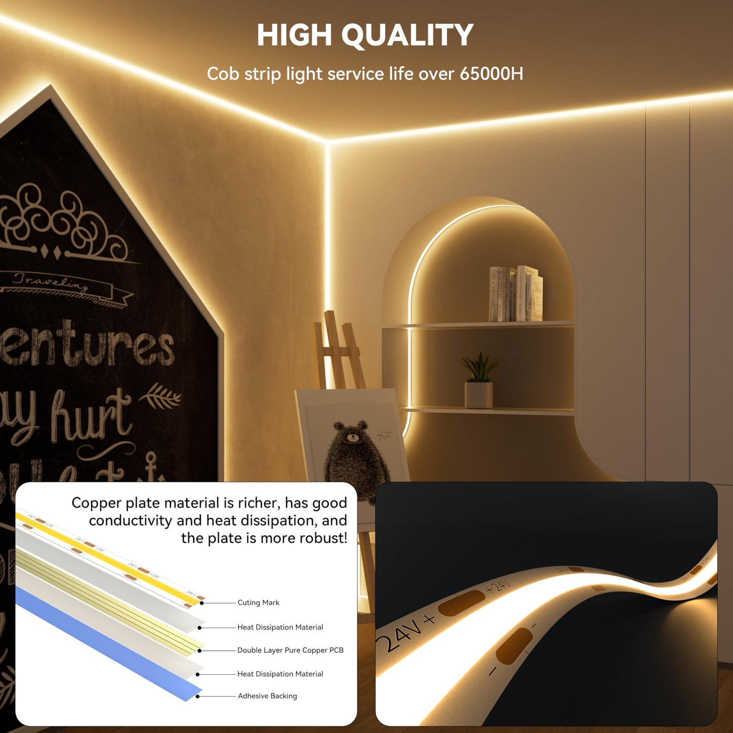 PAUTIX Smart COB LED Strip Light 32.8ft/10m,Warm White 2700K LED Strip,Compatible with Alexa/Google Assistant,Dimmable 24V LED COB Light Strip Kit for Kitchen,Bedroom,Cabinet,Living Room,Office