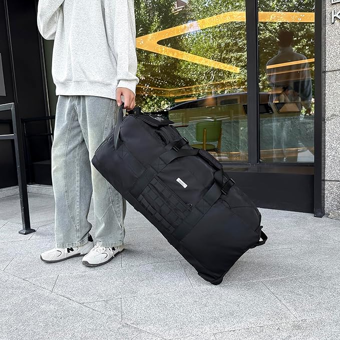 80L Waterproof Rolling Duffel Bag with Quick-Release Straps, Military Tactical Wheeled Foldable For Deployment Traveling Camping Sporting (Black)