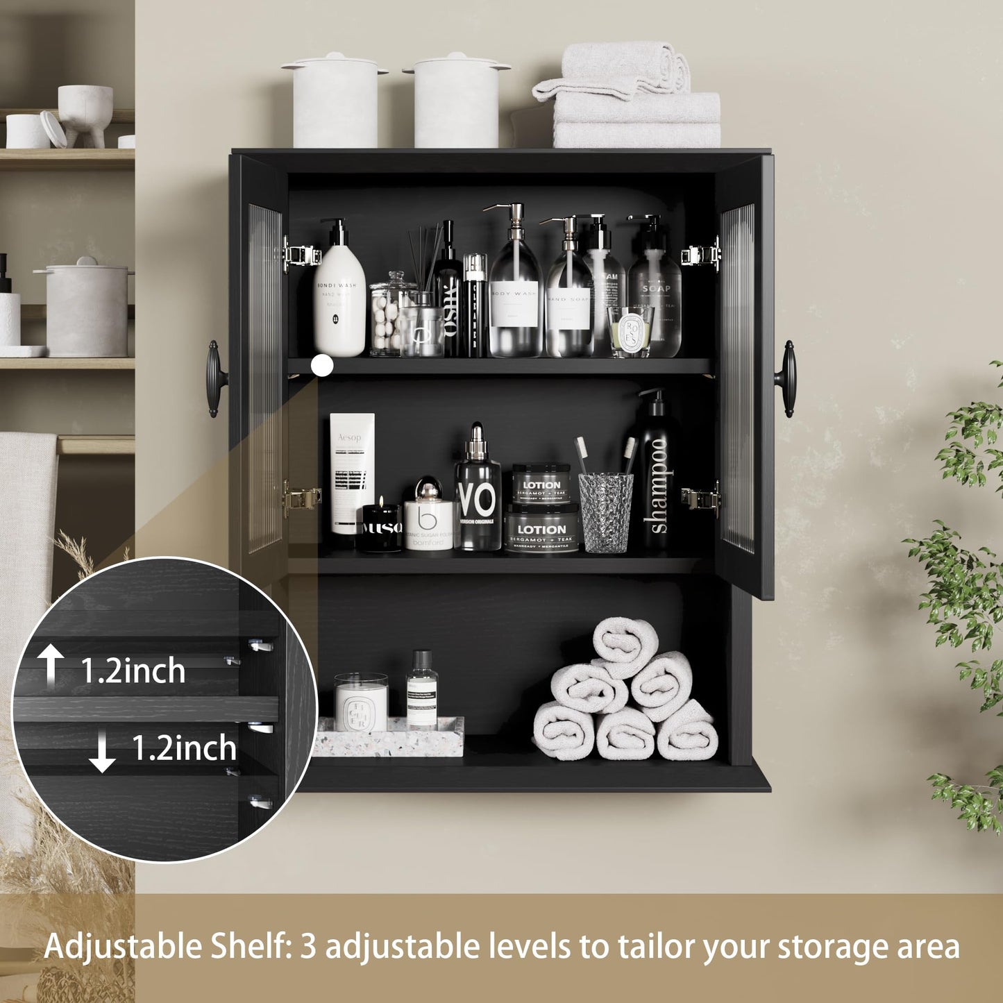 CJL Bathroom Wall Cabinet with Fluted Door, 18.9'' x 23.6'' Medicine Cabinet, Over The Toilet Storage Cabinet, Black