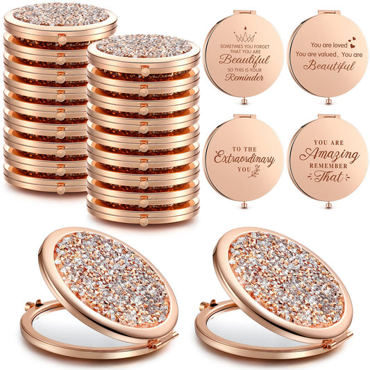 Roowest 16 Pack Metal Rhinestone Compact Mirror Bulk for Women Inspirational Rose Gold Magnifying Pocket Mirrors for Purses Wedding Bridal Shower Favors