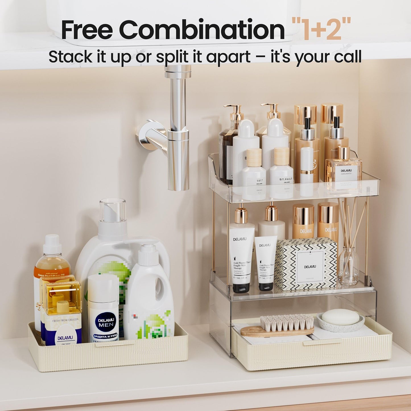 Delamu Bathroom Organizers and Storage, 2 Tier 2 Drawer Makeup Organizer Countertop, Easy to Install, Ideal for Bathroom Counter, Vanity, Ideal Gifts for Women Girls, Cream White