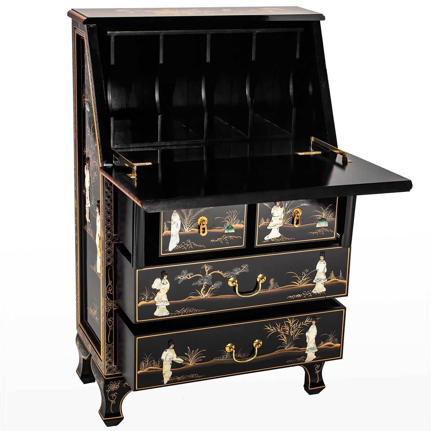 Red Lantern Hand Crafted Artisanal Black Lacquer Secretary Desk - Royal Ladies