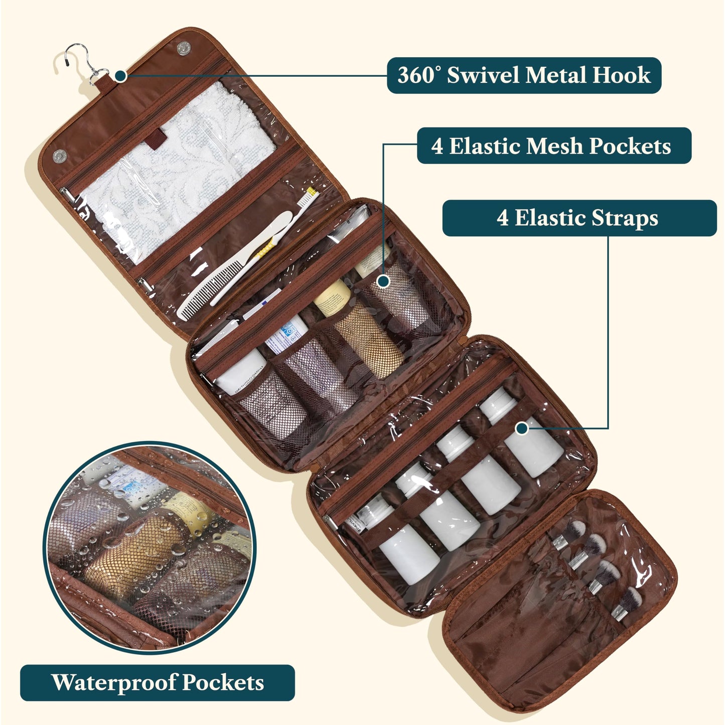 PAVILIA Hanging Toiletry Bag for Women Men, Large Travel Organizer with 5 Compartments & Swivel Hook, PU Leather Dopp Kit, Foldable Water-Resistant Makeup Cosmetic Bag for Full Size Bottles (Brown)
