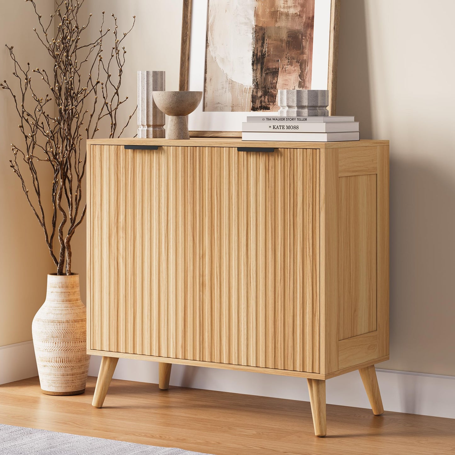 EPLICEMR Fluted Sideboard Buffet Cabinet with Storage, 2 Doors Modern Sideboard Cabinet for Living Room, Wood Coffee Bar Cabinets with Adjustable Shelves Accent Credenza for Kitchen, Entryway, Natural