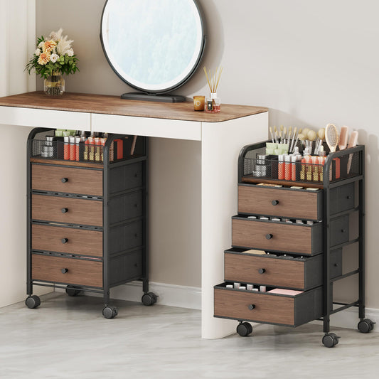 SWTYMIKI Rolling Makeup Organizer Cart - 14.96″*11.81″*27.55″ Widened Under Desk Vanity Storage with 4 Non-woven Drawers, Cosmetic Display Cases for Skin Care Perfume Nail Polish Brush Hair Tool Black