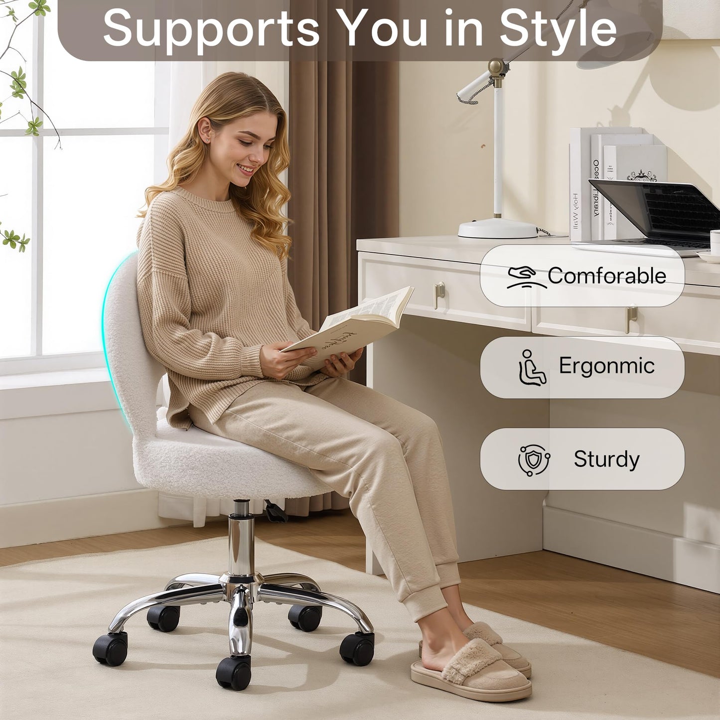 Forfutra Home Office Chair Foldable Vanity Chair Vanity Stool with Storage 15.8" Spacious Seat 360° Swivel Height Adjustable White
