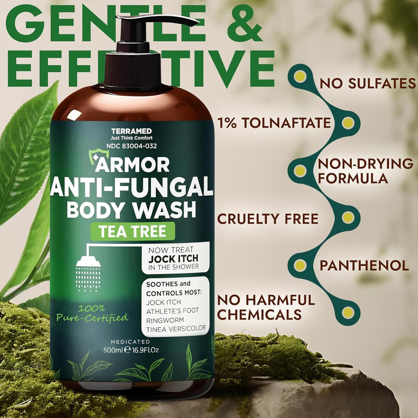 Antifungal Body Wash with Tea Tree Oil | Antifungal Soap for Back Acne,Treats Ringworm, Eczema & Jock Itch | Antifungal Body Soap For Men And Women | Includes Silicon Scrubber (16.9 oz)