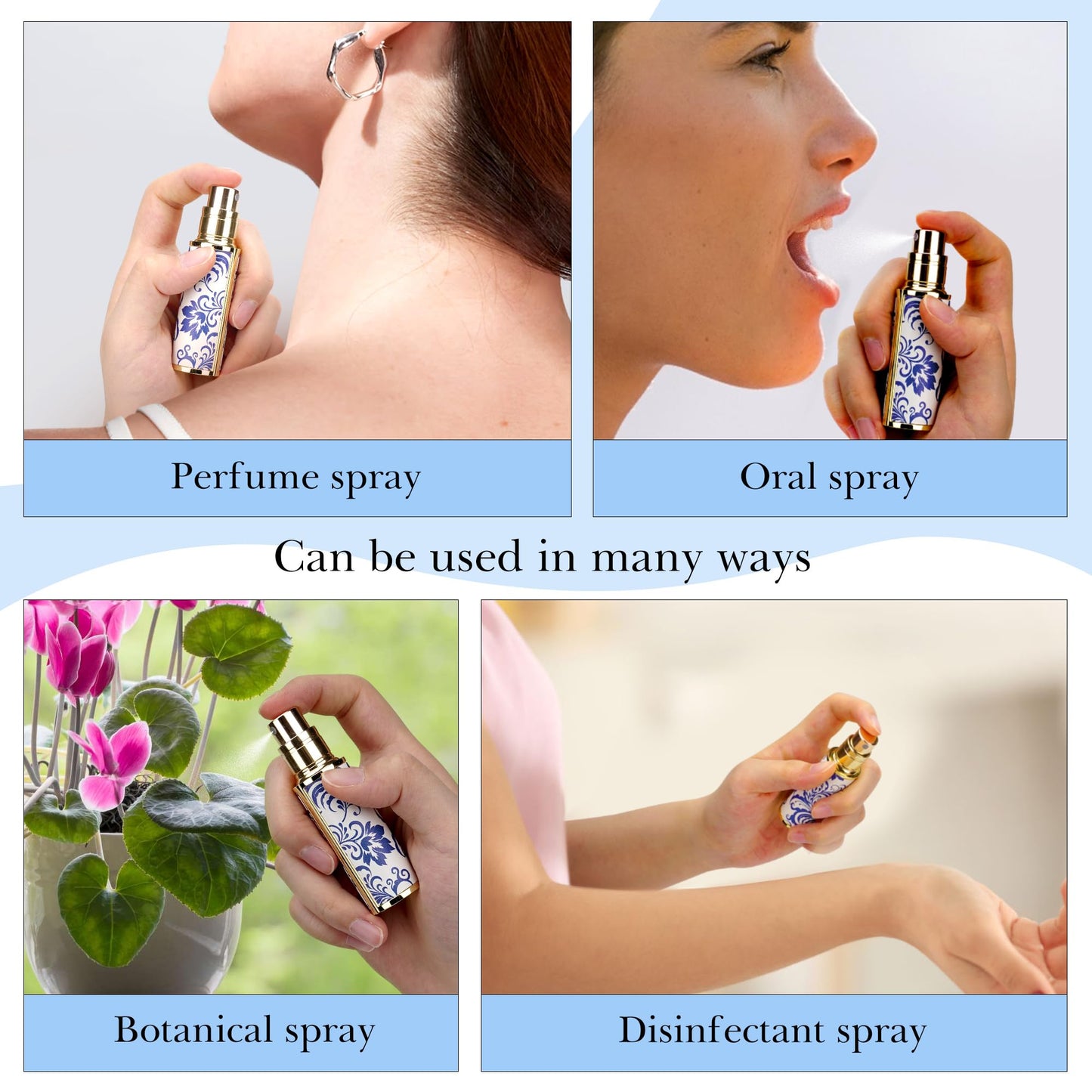 LUEXBOX Portable Perfume Bottle for Travel, Mini Refillable Perfume Dispenser, 5ml Faux Leather Leak Proof Perfume Atomizers, Blue and White Bottles Sprayer for Pocket Perfume (Blue Grass)